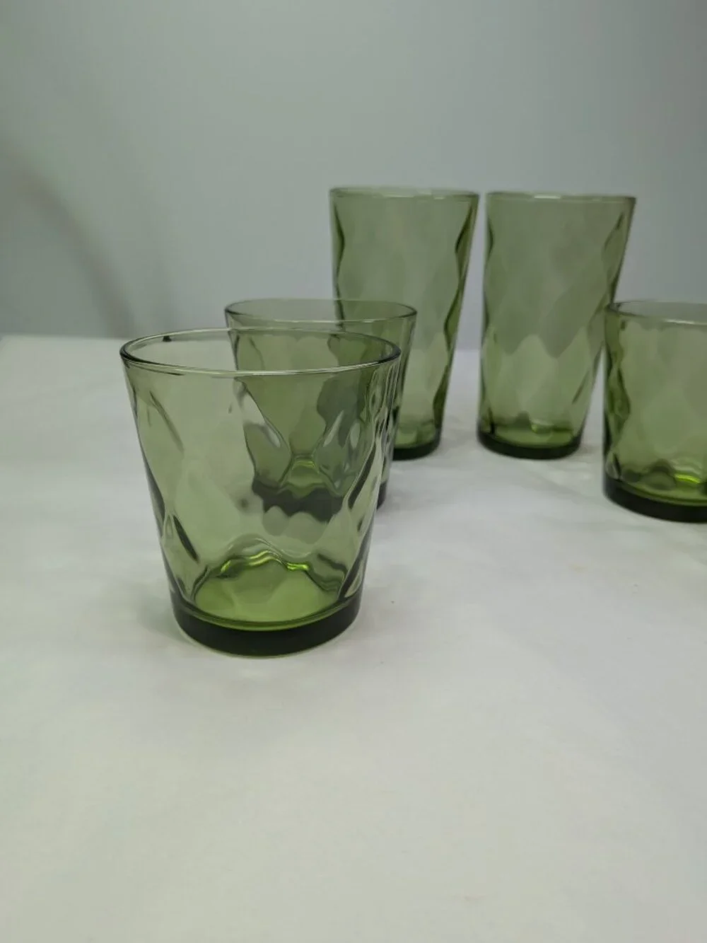 Vintage Indiana Glass Diamond Point Avocado Green Set of 6 - Pristine MCM